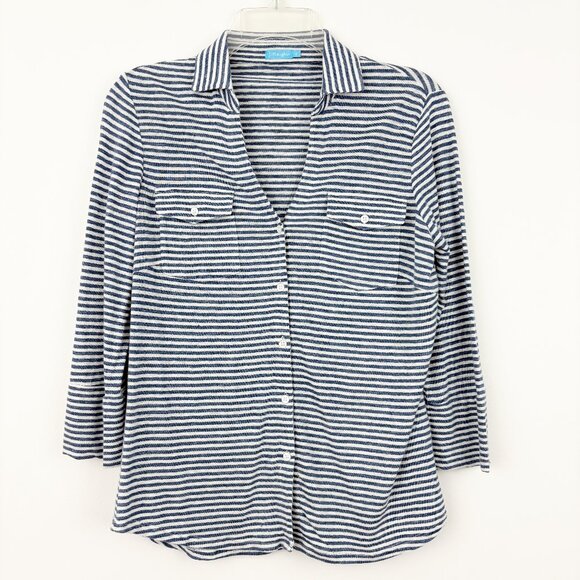 J. McLaughlin Brynn Striped Linen Shirt Size S White Denim Button Up 3/4 Sleeve - Picture 2 of 8